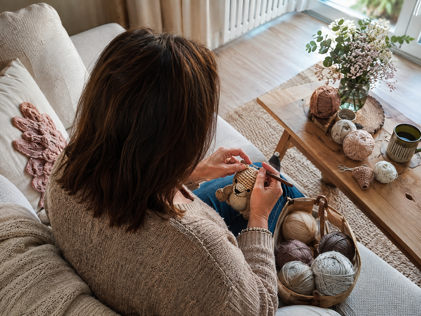 Vrouw die op de bank een persoonlijke knuffel haakt